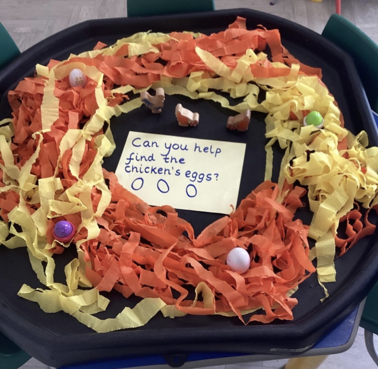 Easter chick and eggs sensory tray activity